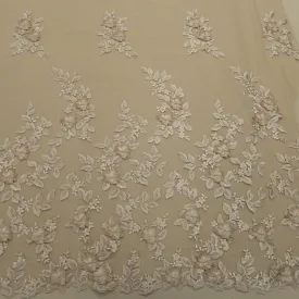 Beige Nude Floral 3D High Relief Embroidery Tulle Fabric