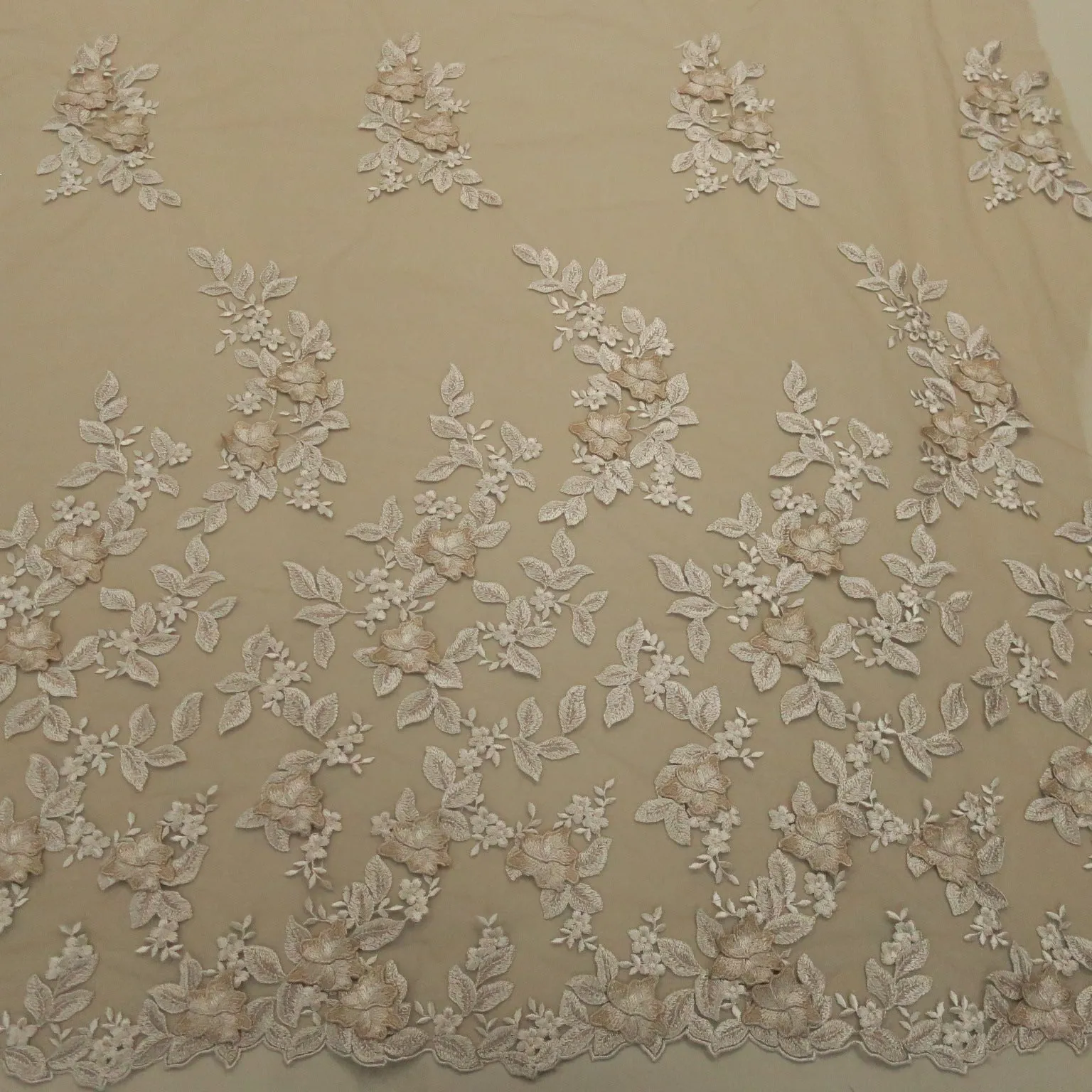 Beige Nude Floral 3D High Relief Embroidery Tulle Fabric