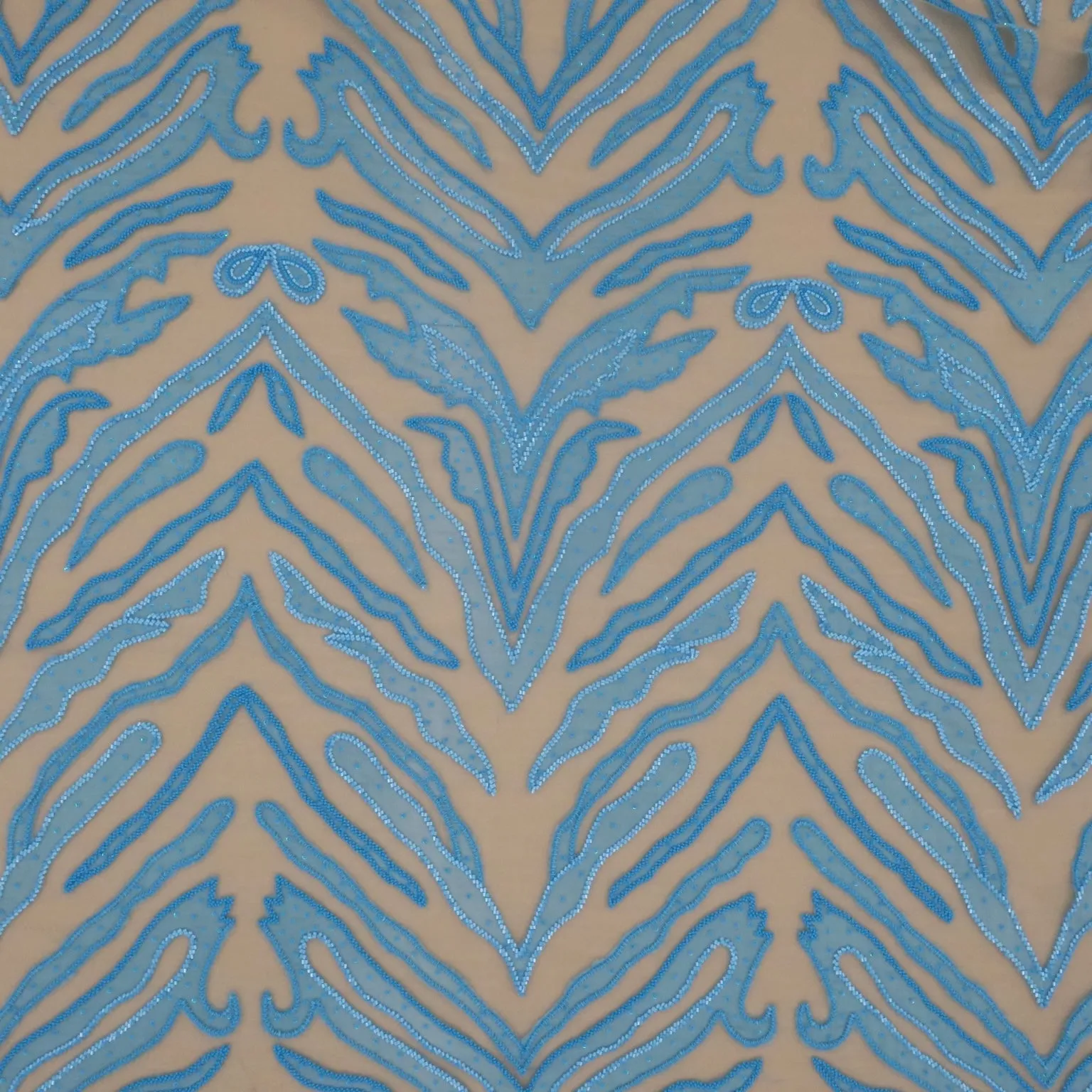Beige Tulle with Blue Abstract Design with Bugle Beads Embroidered Fabric