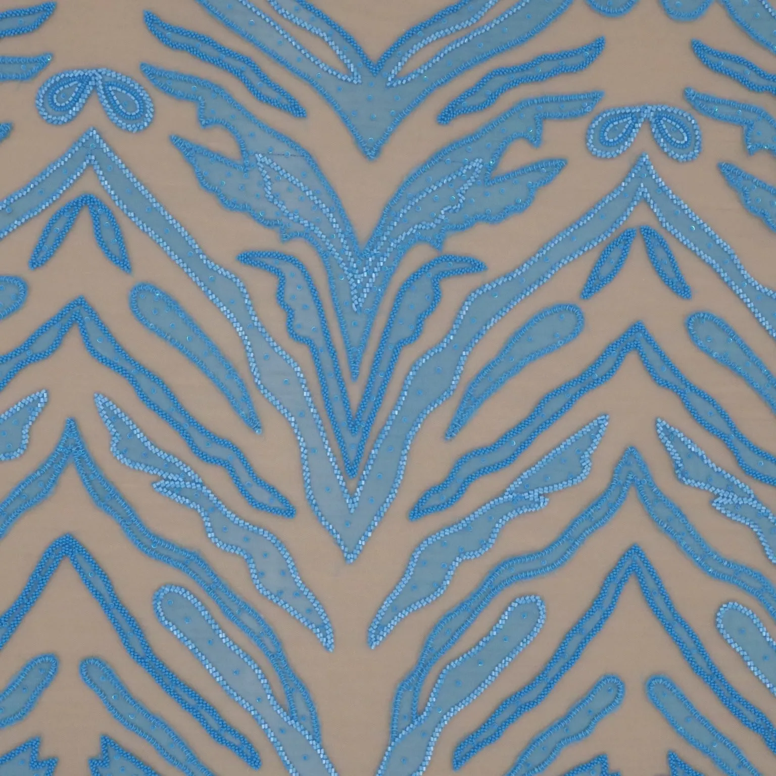 Beige Tulle with Blue Abstract Design with Bugle Beads Embroidered Fabric