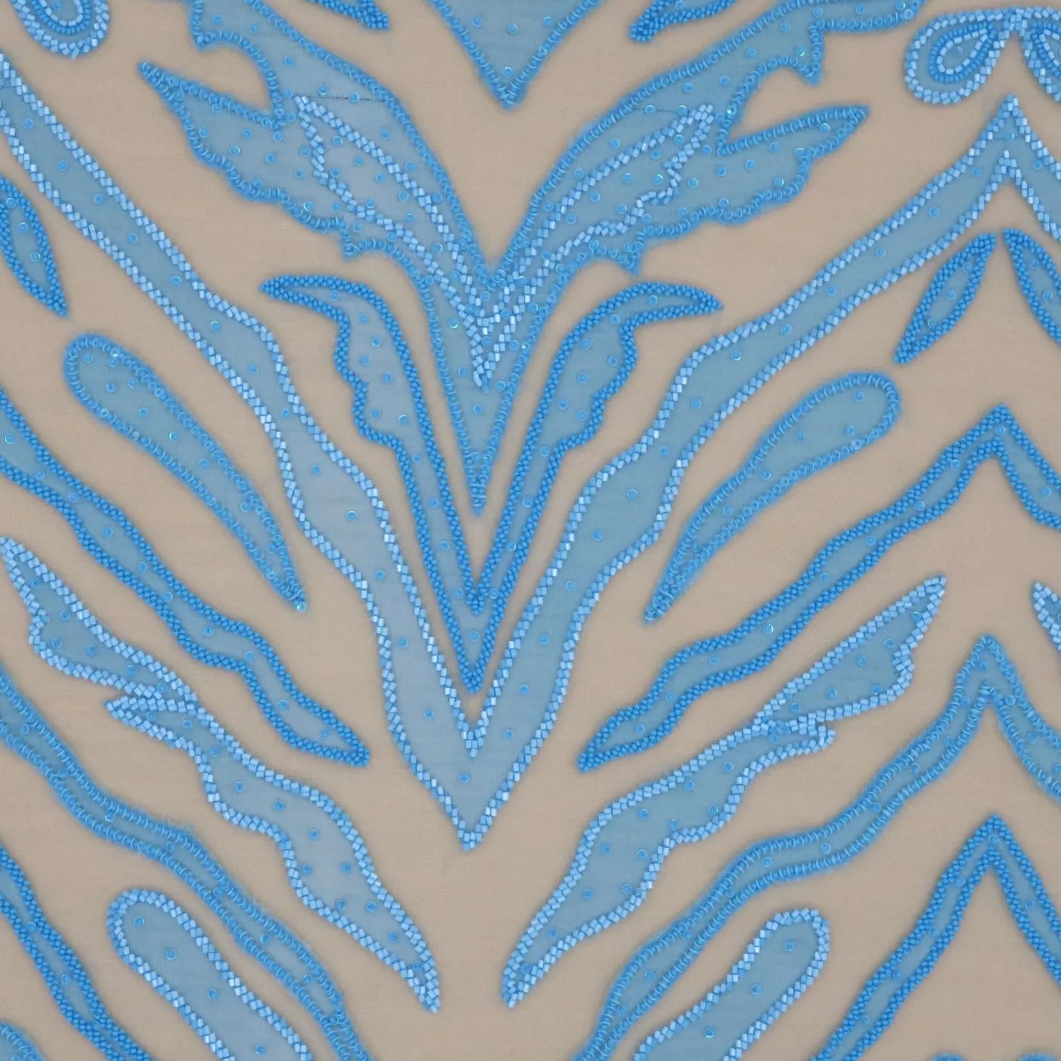 Beige Tulle with Blue Abstract Design with Bugle Beads Embroidered Fabric