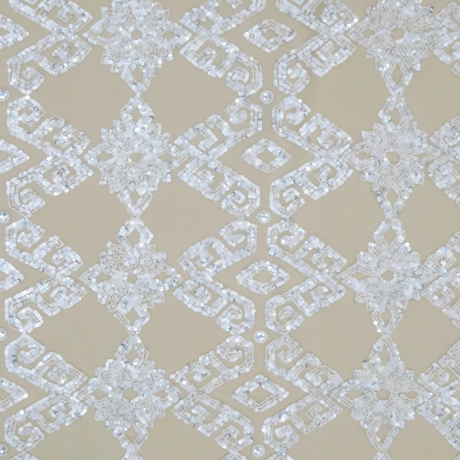 Beige Tulle with Silver and White Abstract Sequin and Rhinestone Design Embroidered Fabric