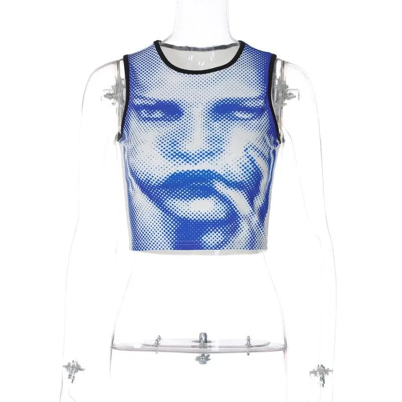 BerryBetty - Abstract print contrast sleeveless crewneck crop top
