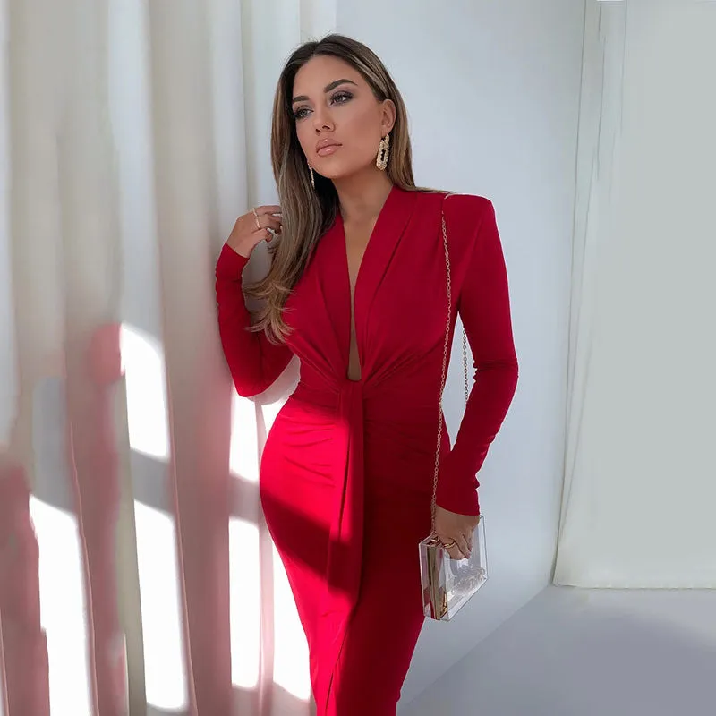 BerryBetty - Ariel Deep V Neck Full Sleeve Long Dress