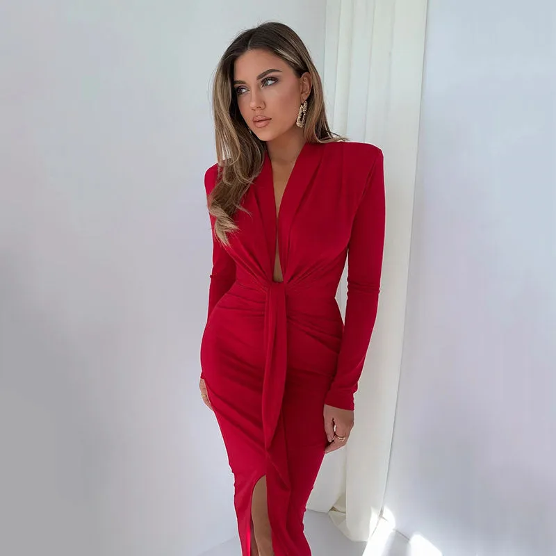 BerryBetty - Ariel Deep V Neck Full Sleeve Long Dress