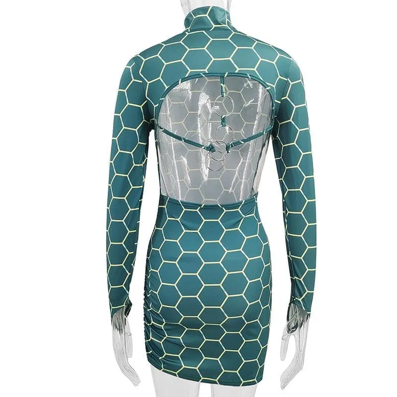 BerryBetty - Backless o ring contrast print high neck long sleeve mini dress