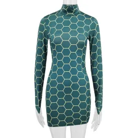 BerryBetty - Backless o ring contrast print high neck long sleeve mini dress