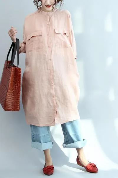 Big Pocket Loose Casual Pink Linen Shirt Dress