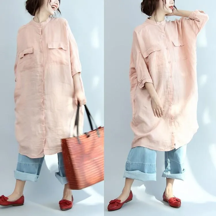 Big Pocket Loose Casual Pink Linen Shirt Dress