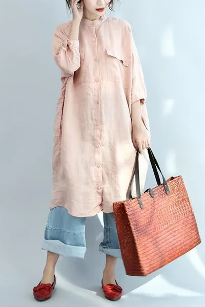 Big Pocket Loose Casual Pink Linen Shirt Dress
