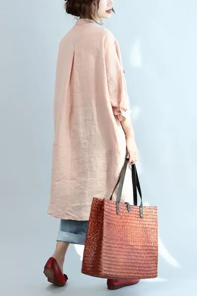 Big Pocket Loose Casual Pink Linen Shirt Dress