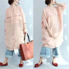 Big Pocket Loose Casual Pink Linen Shirt Dress