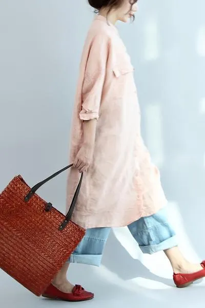 Big Pocket Loose Casual Pink Linen Shirt Dress