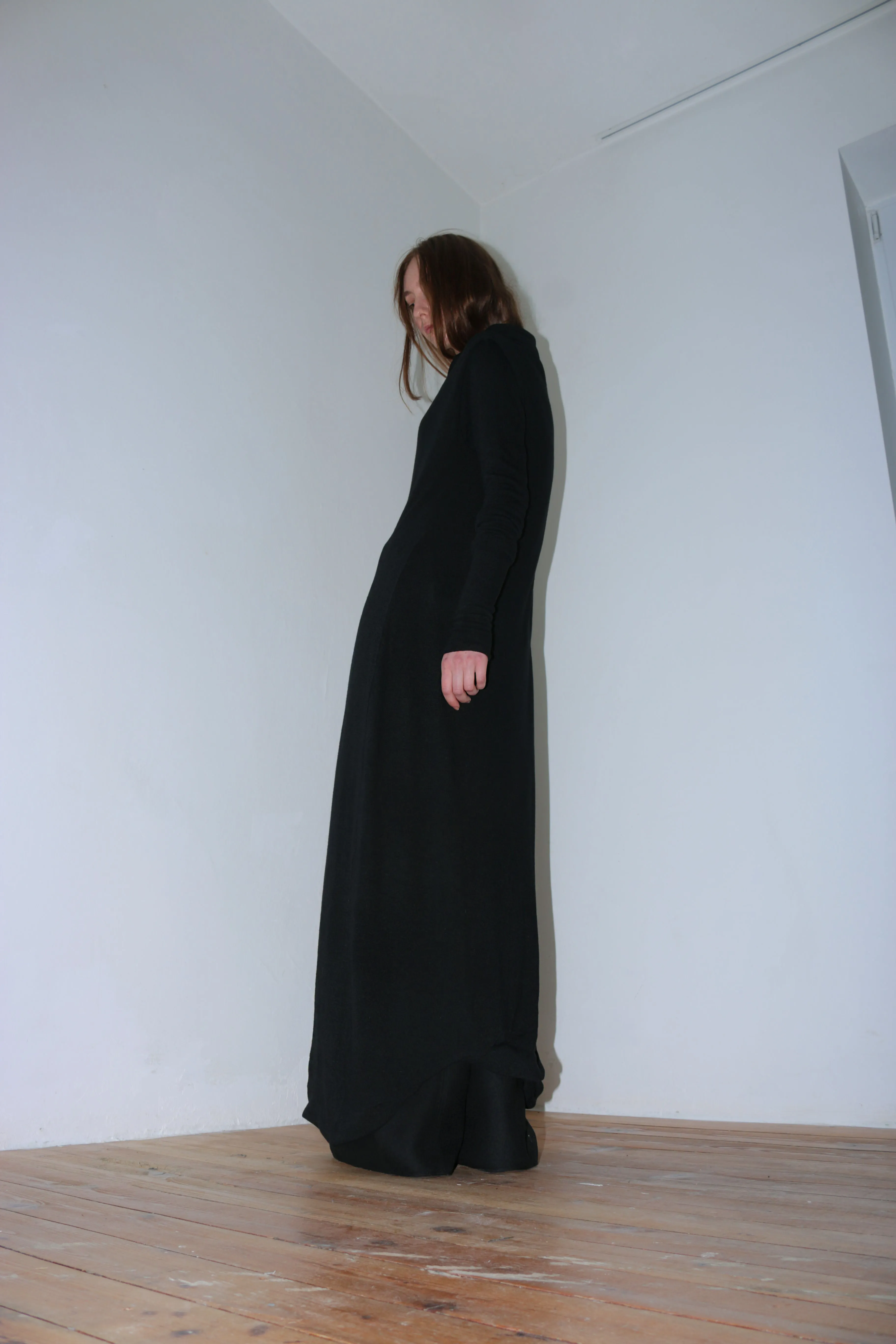 Black circular-drape wool dress