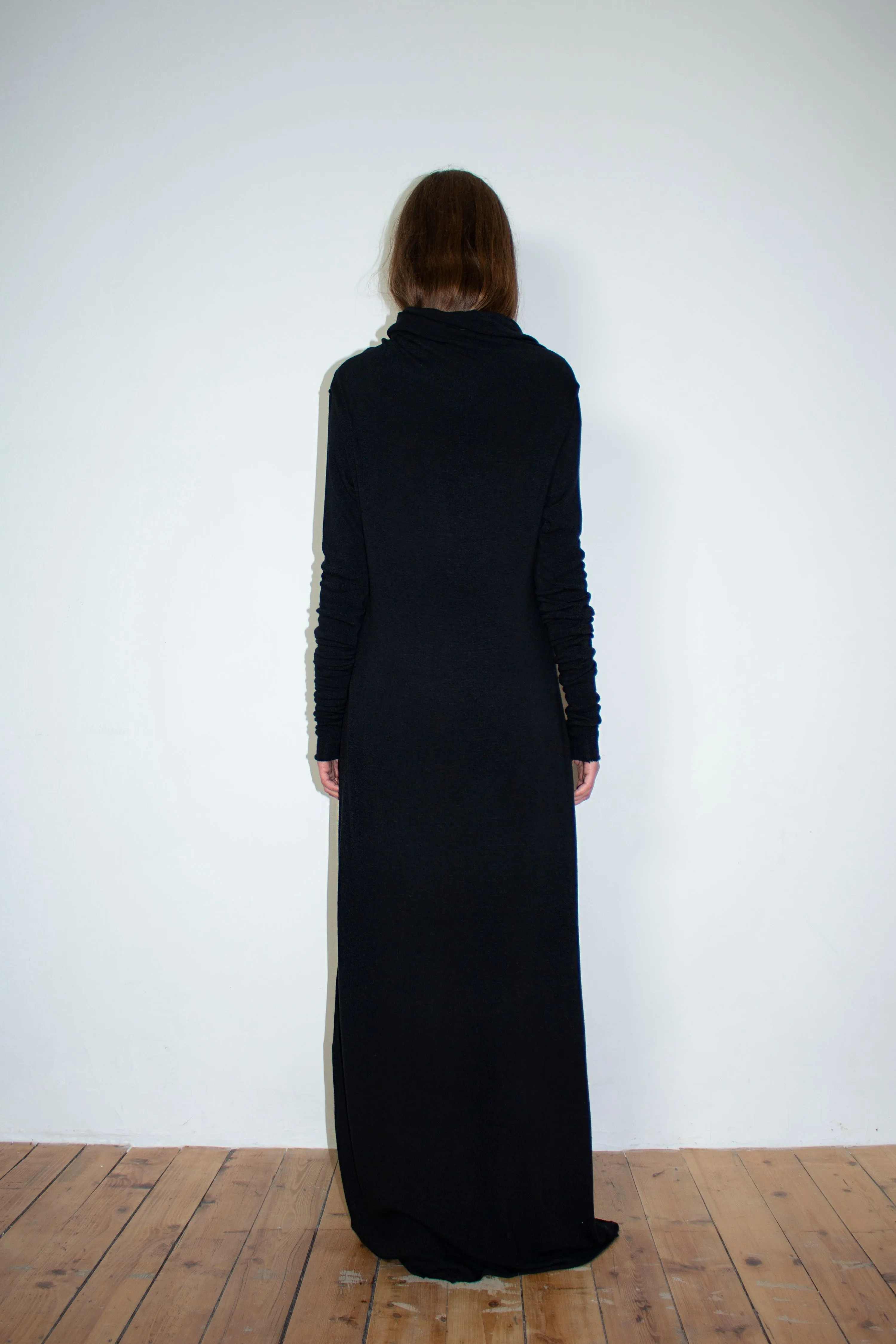 Black circular-drape wool dress