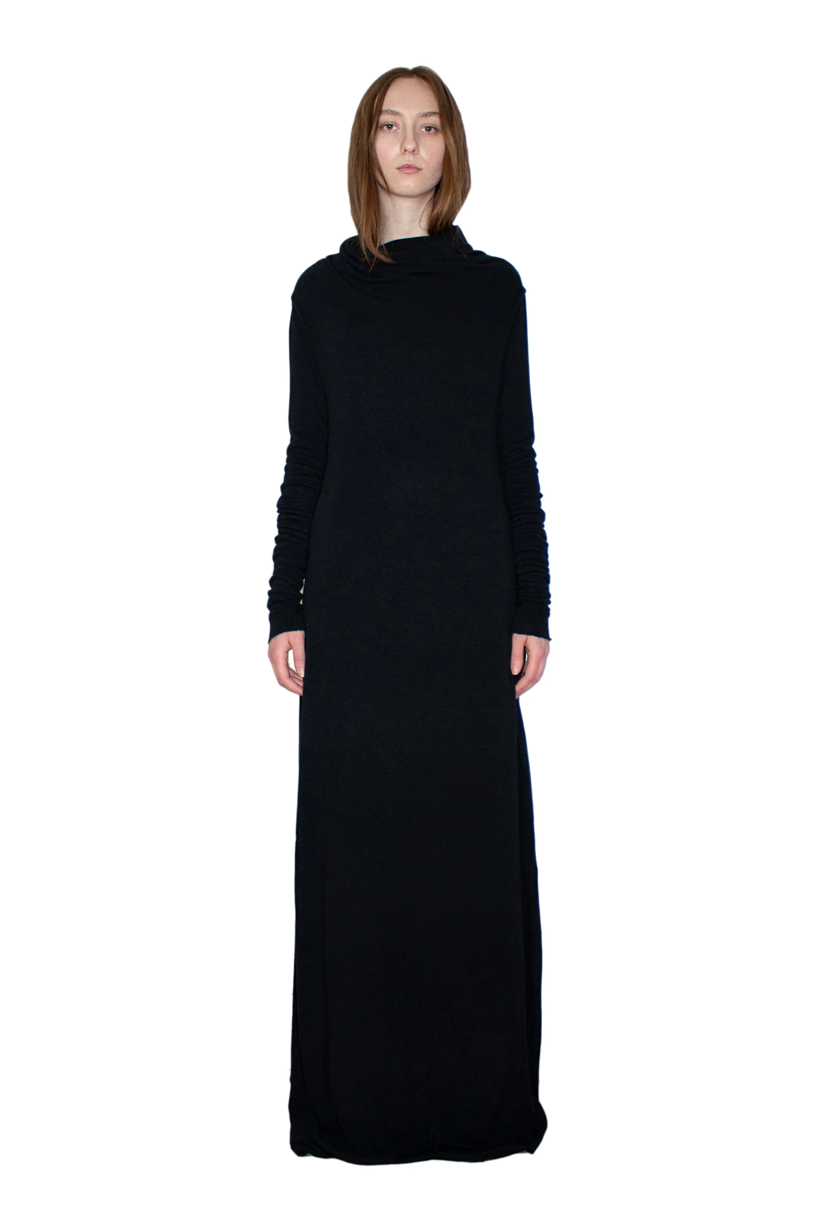 Black circular-drape wool dress