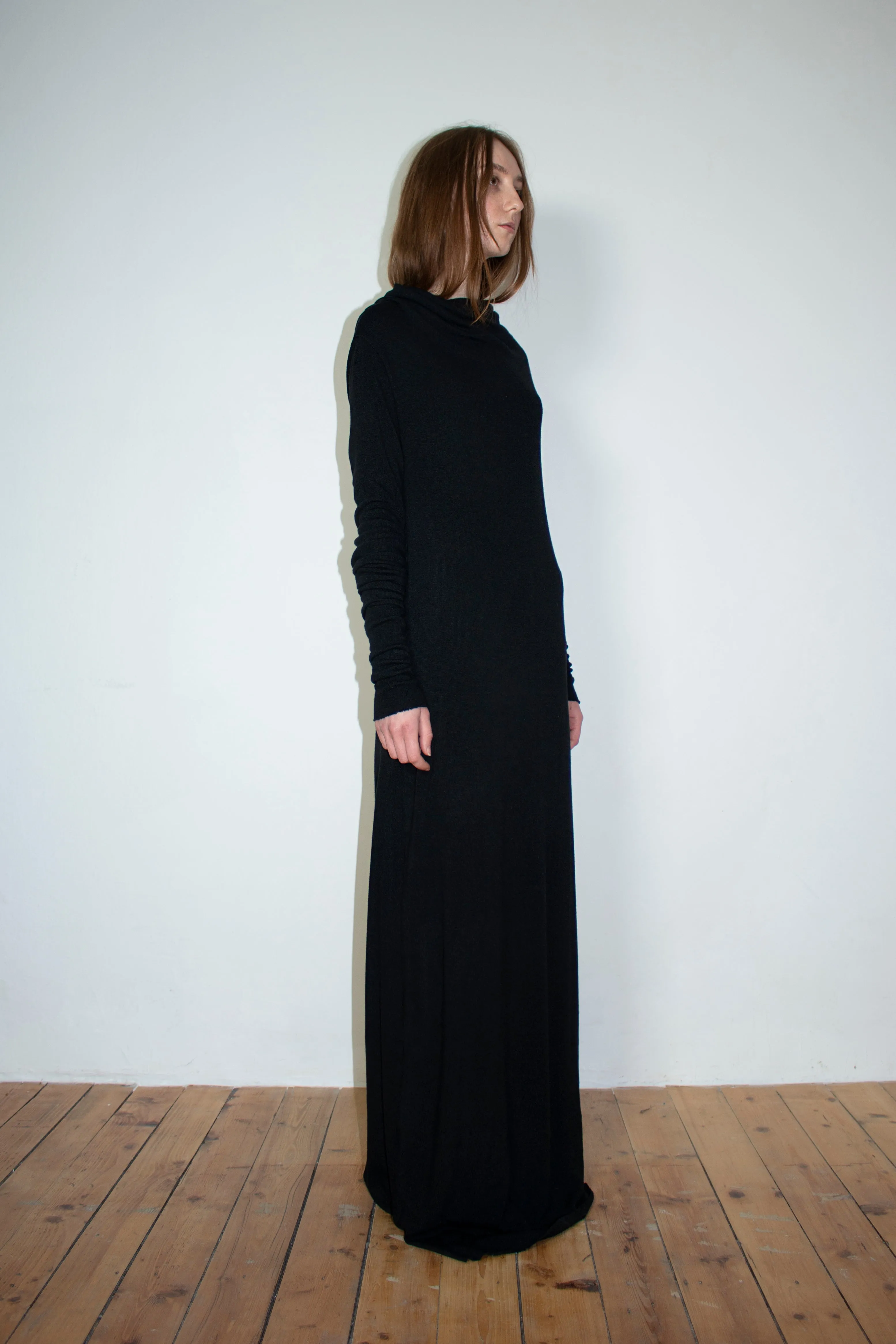 Black circular-drape wool dress