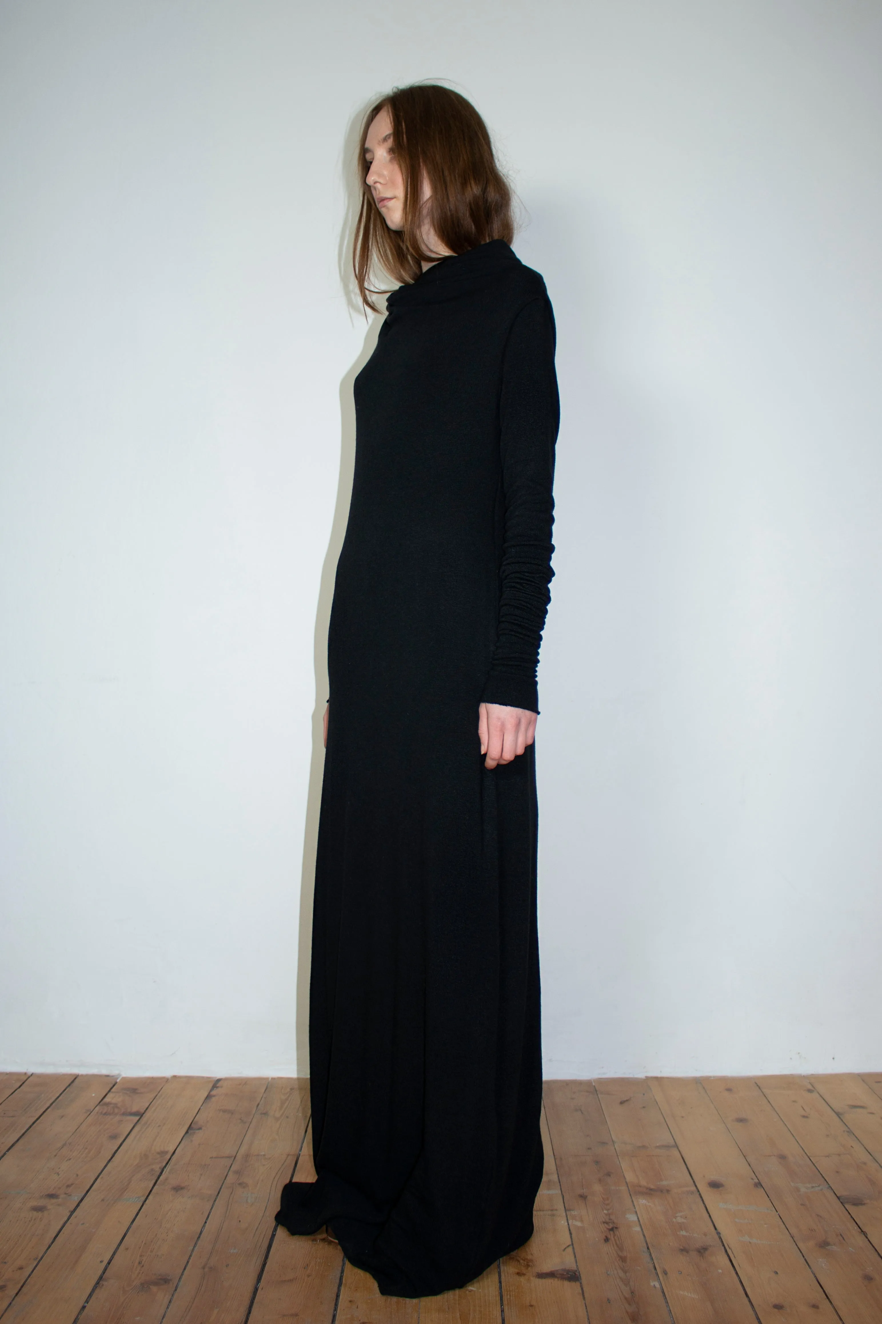 Black circular-drape wool dress