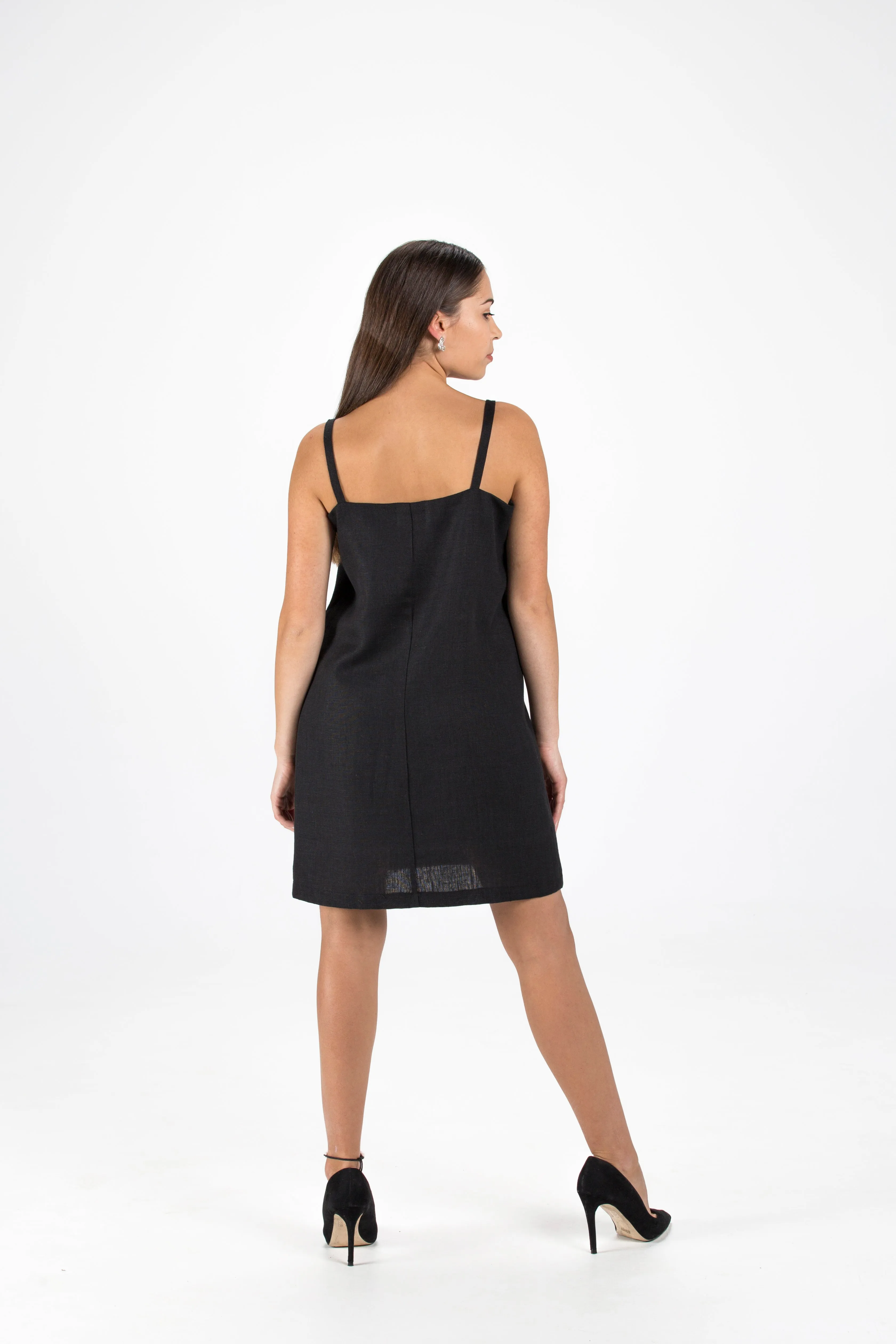 Black Linen Spaghetti Beach dress with nautical embroidery detail