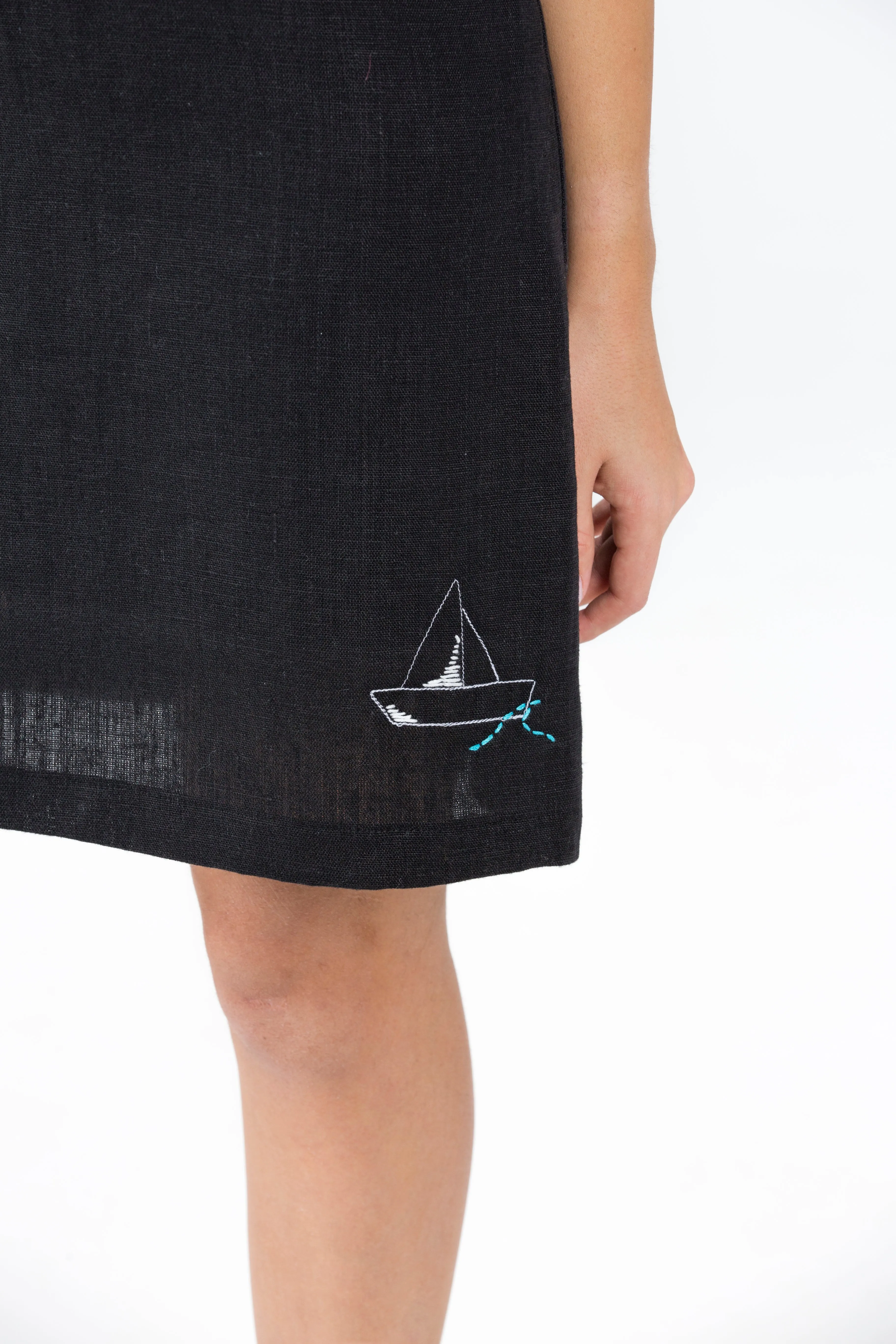Black Linen Spaghetti Beach dress with nautical embroidery detail