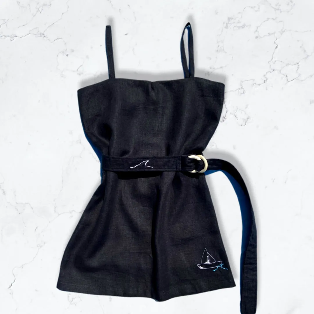 Black Linen Spaghetti Beach dress with nautical embroidery detail