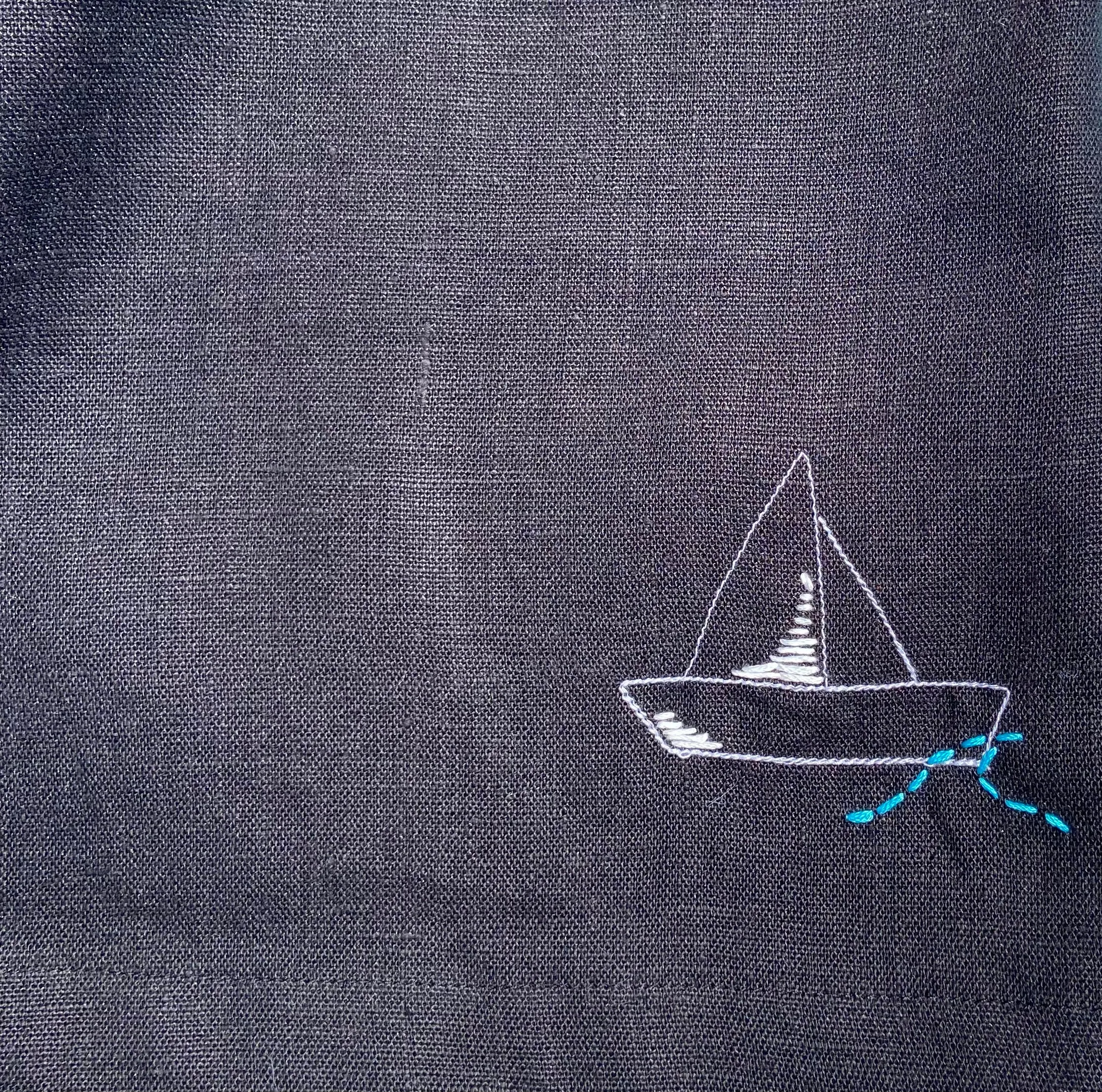 Black Linen Spaghetti Beach dress with nautical embroidery detail