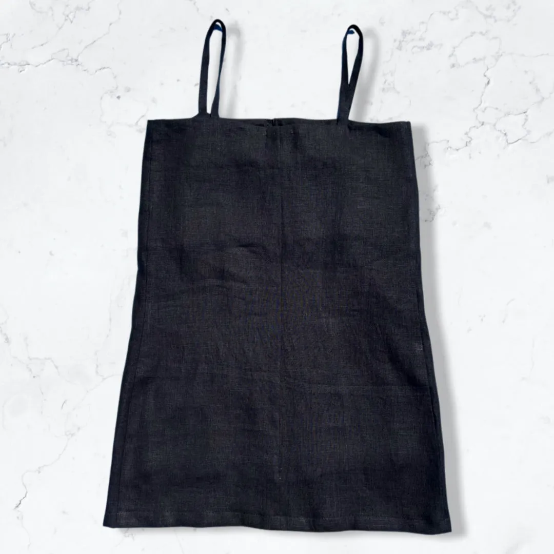 Black Linen Spaghetti Beach dress with nautical embroidery detail