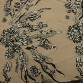 Black Tulle with Silver 3D Floral Design Embroidered  Fabric