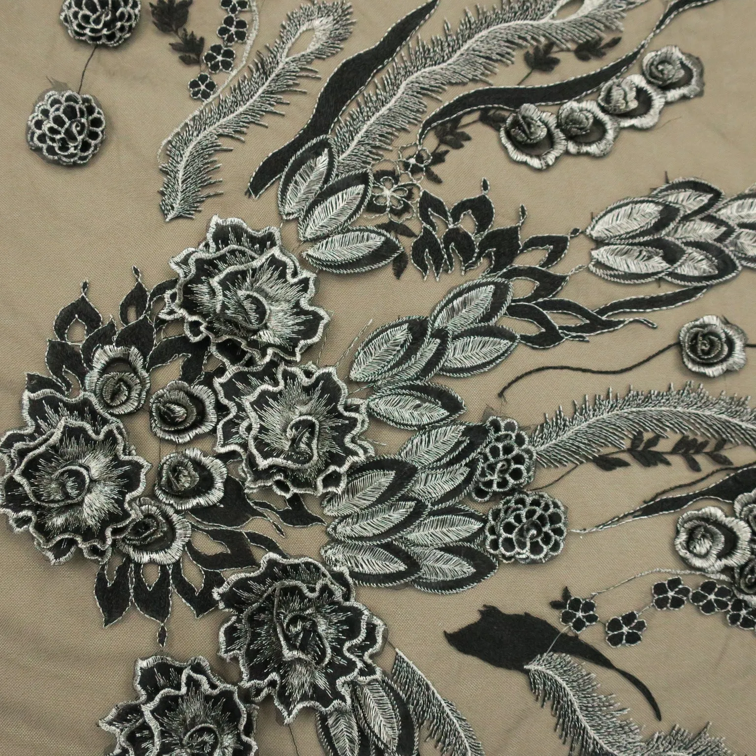 Black Tulle with Silver 3D Floral Design Embroidered  Fabric