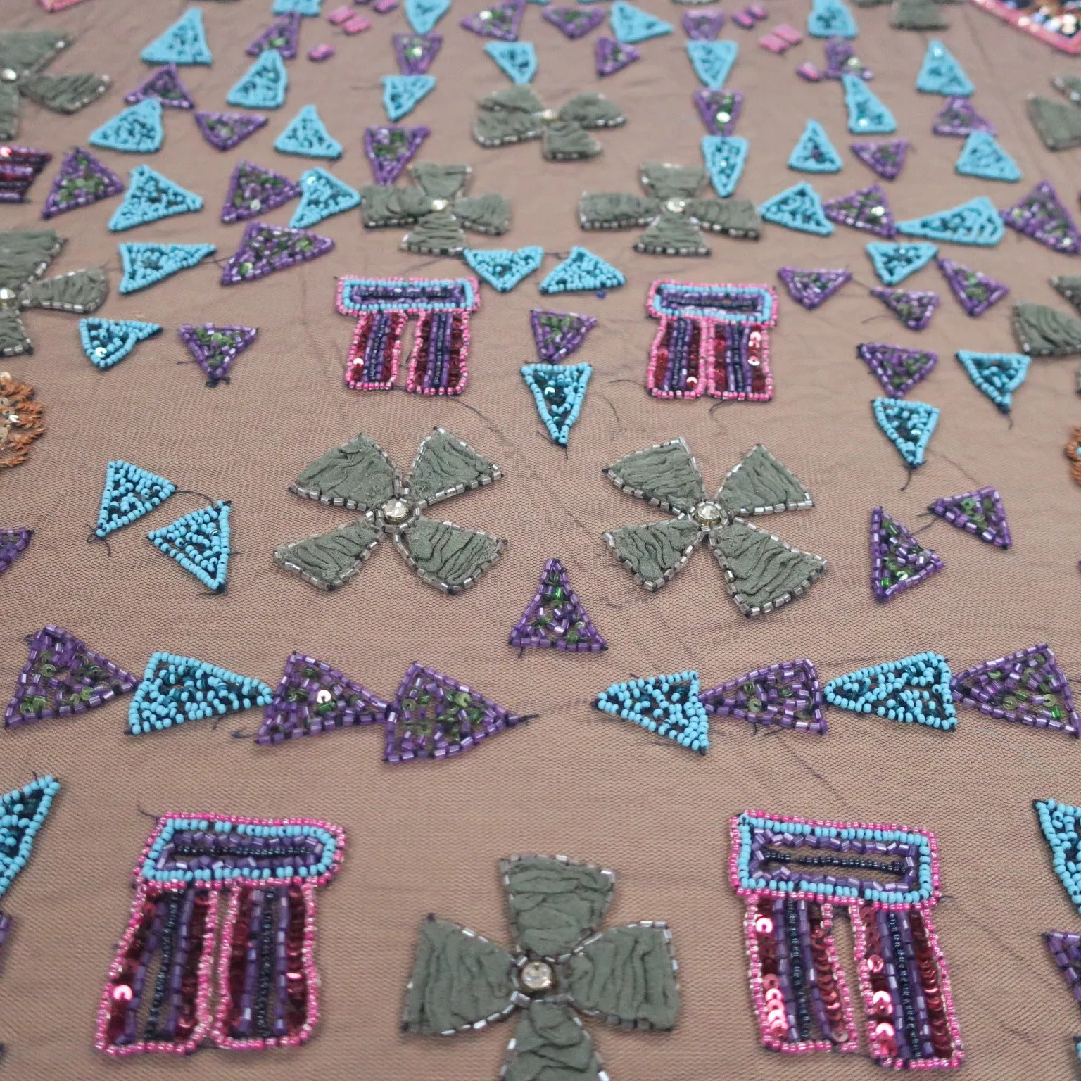 Black with Aqua and Red Accents Abstract Embroidered Tulle Fabric