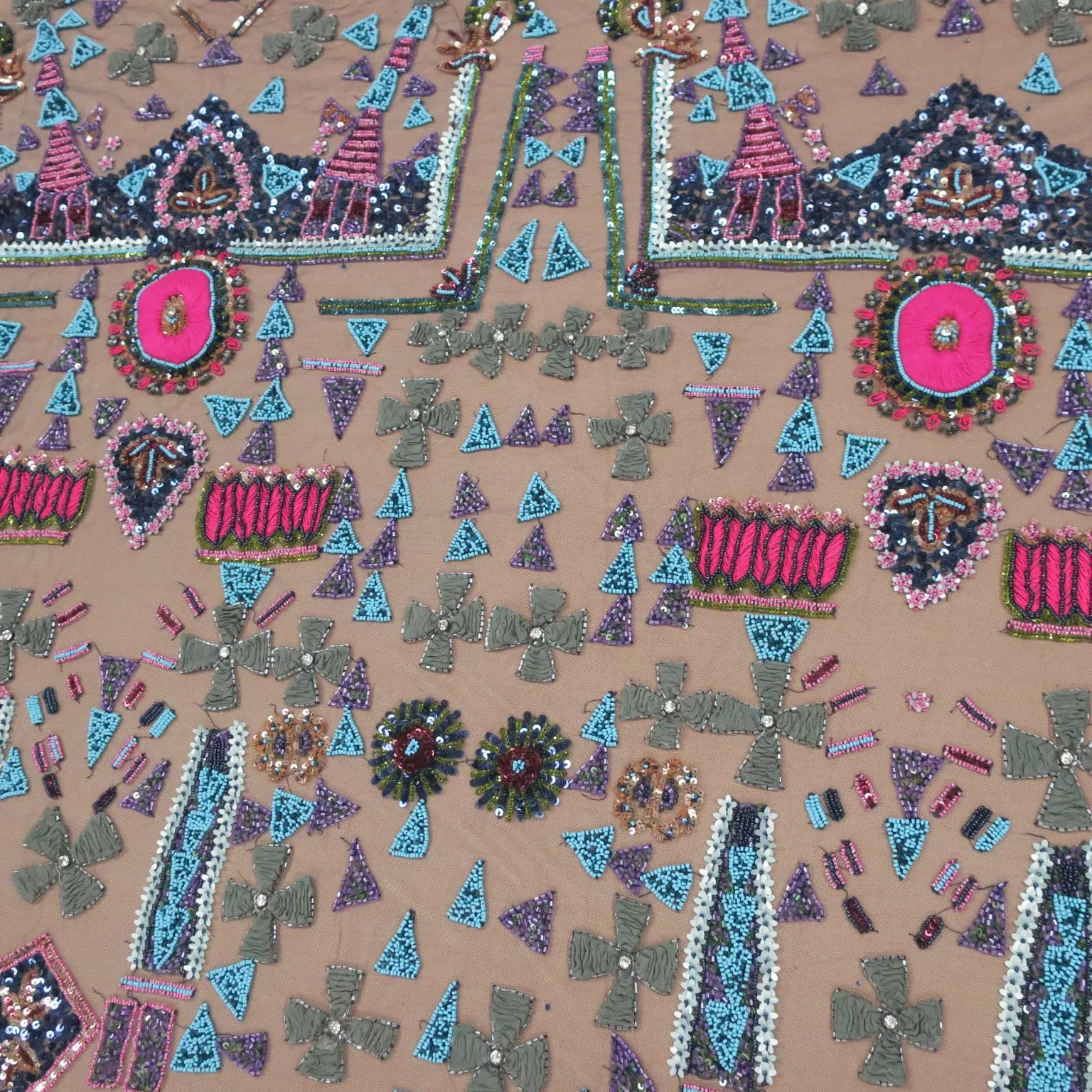 Black with Aqua and Red Accents Abstract Embroidered Tulle Fabric