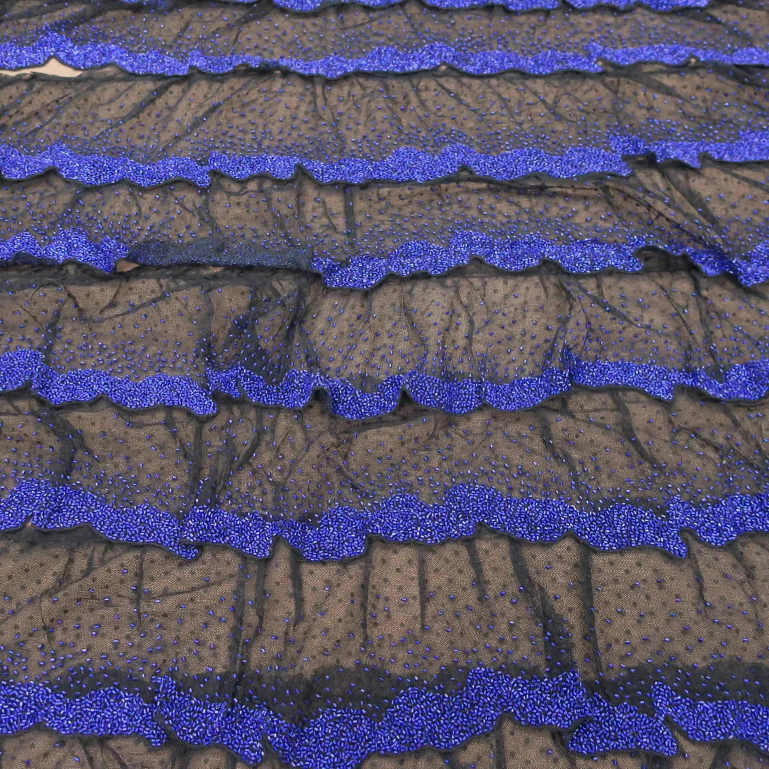 Black with Blue Abstract Embroidered Tulle Fabric