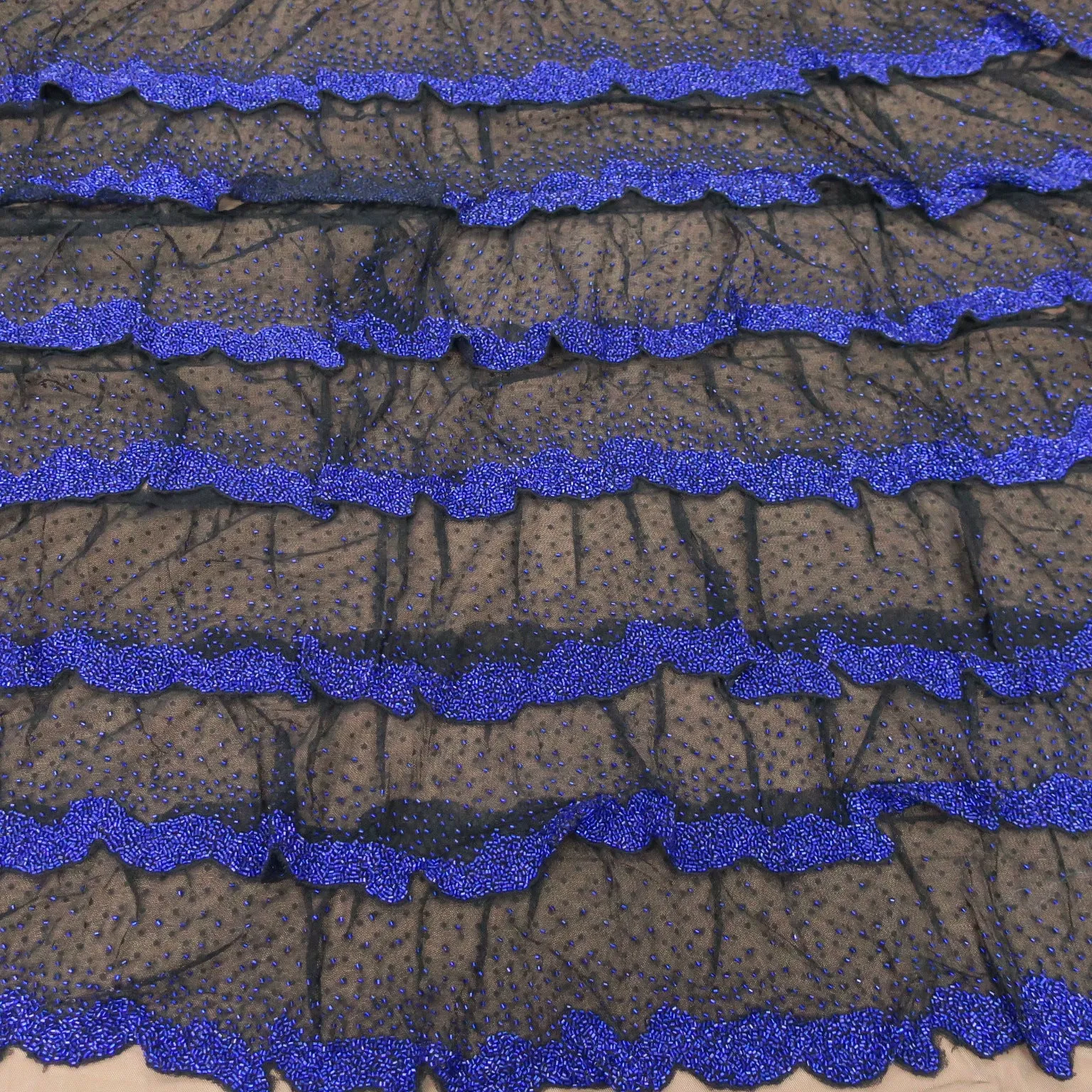 Black with Blue Abstract Embroidered Tulle Fabric
