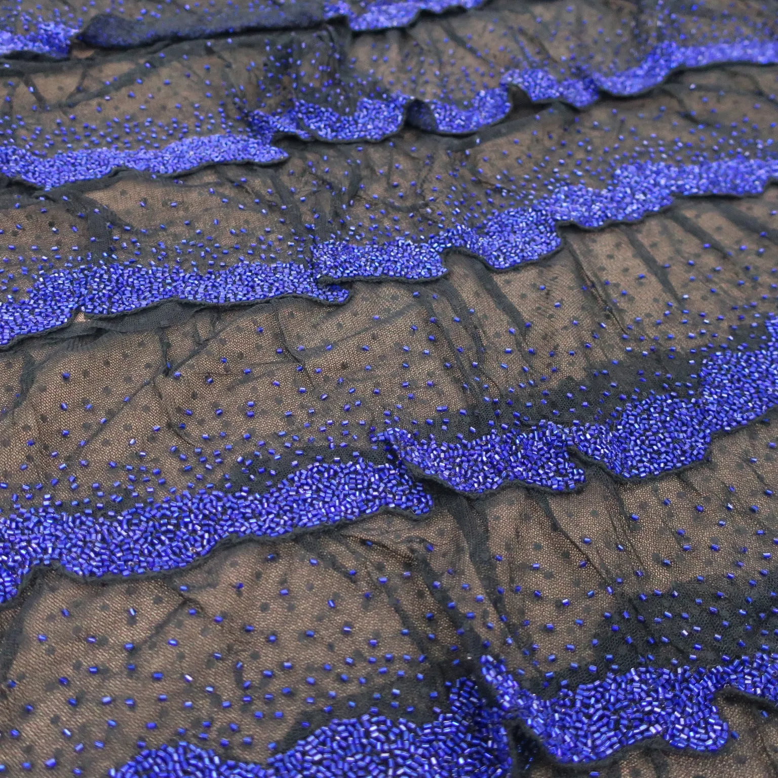 Black with Blue Abstract Embroidered Tulle Fabric