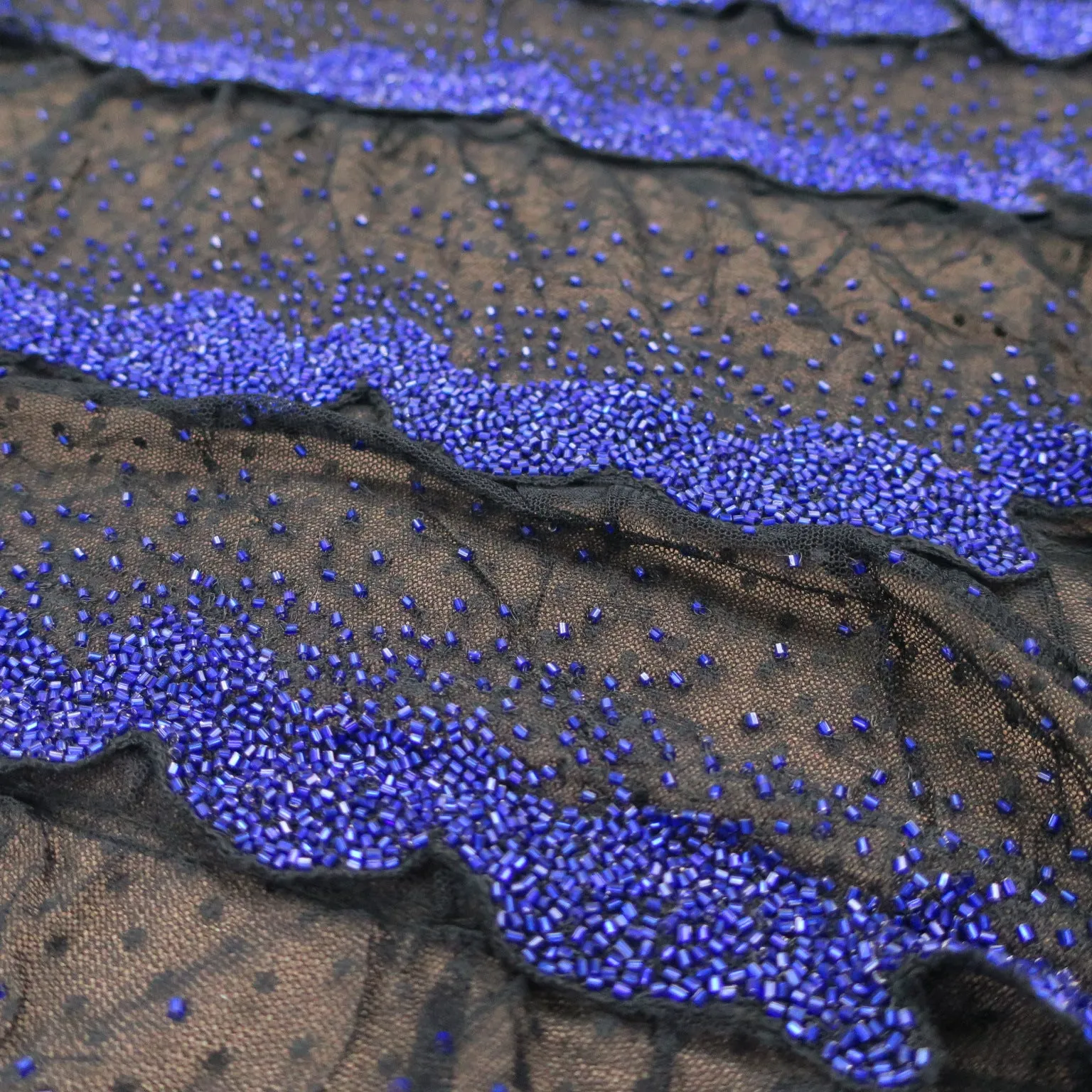 Black with Blue Abstract Embroidered Tulle Fabric