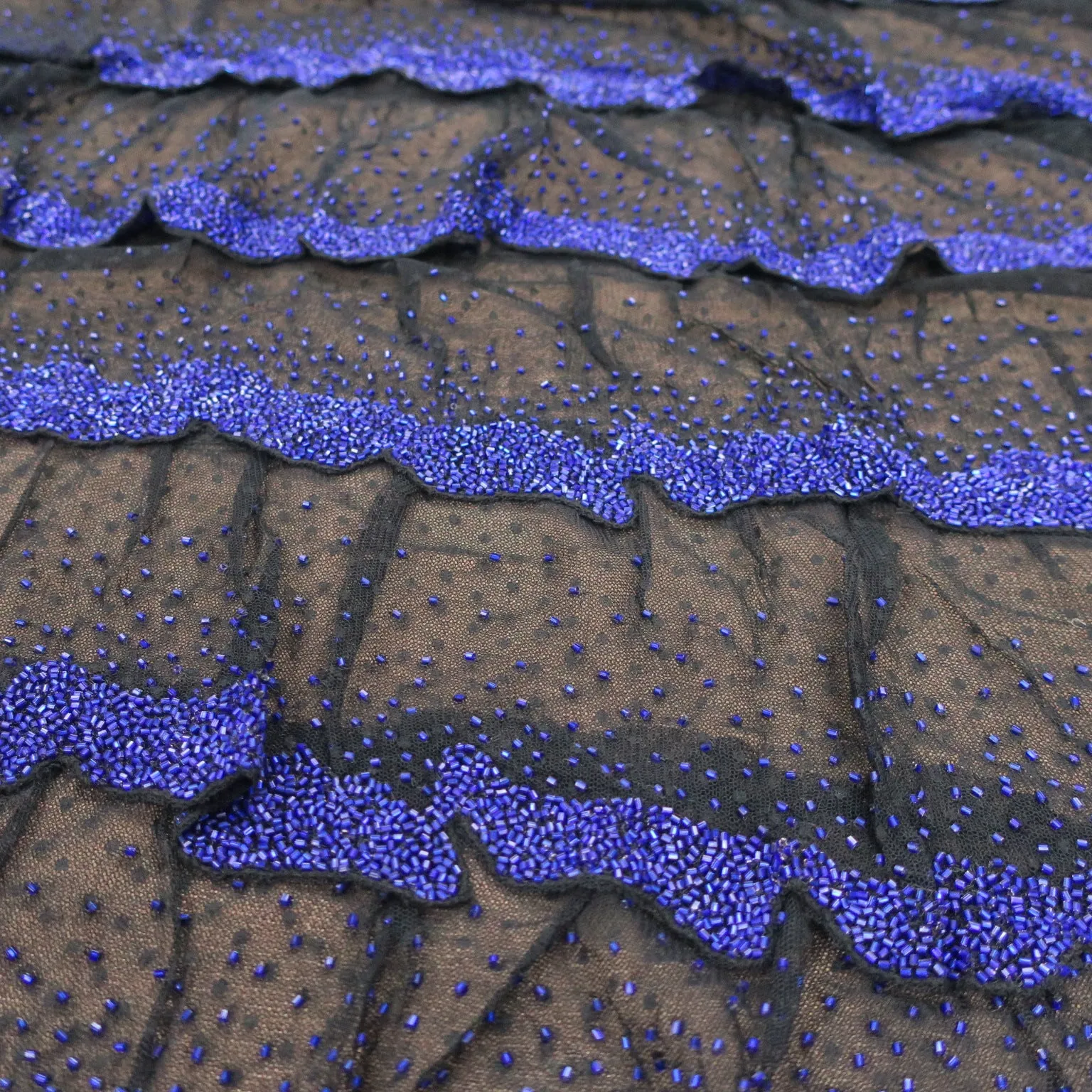 Black with Blue Abstract Embroidered Tulle Fabric