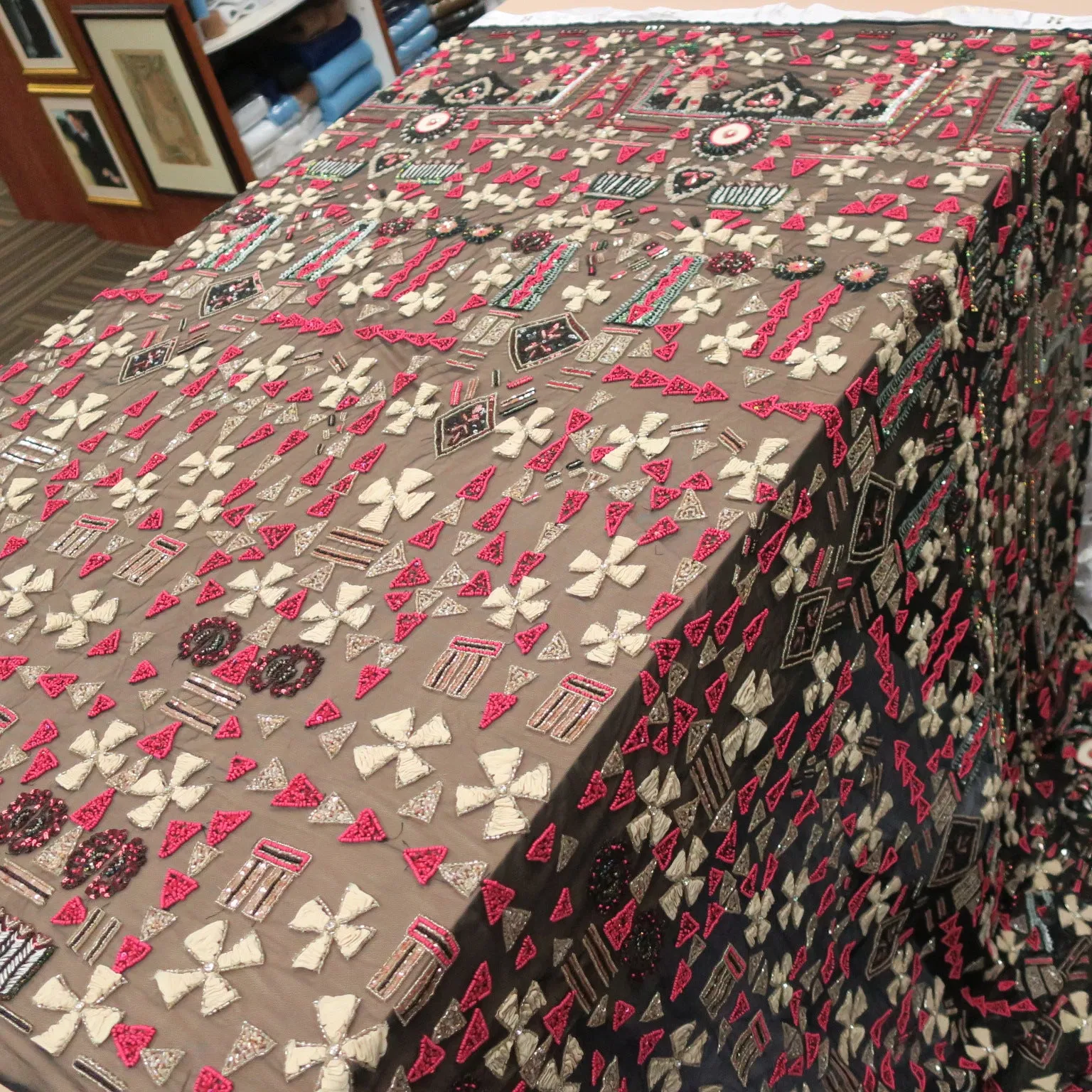 Black with Red Accents Abstract Embroidered Tulle Fabric