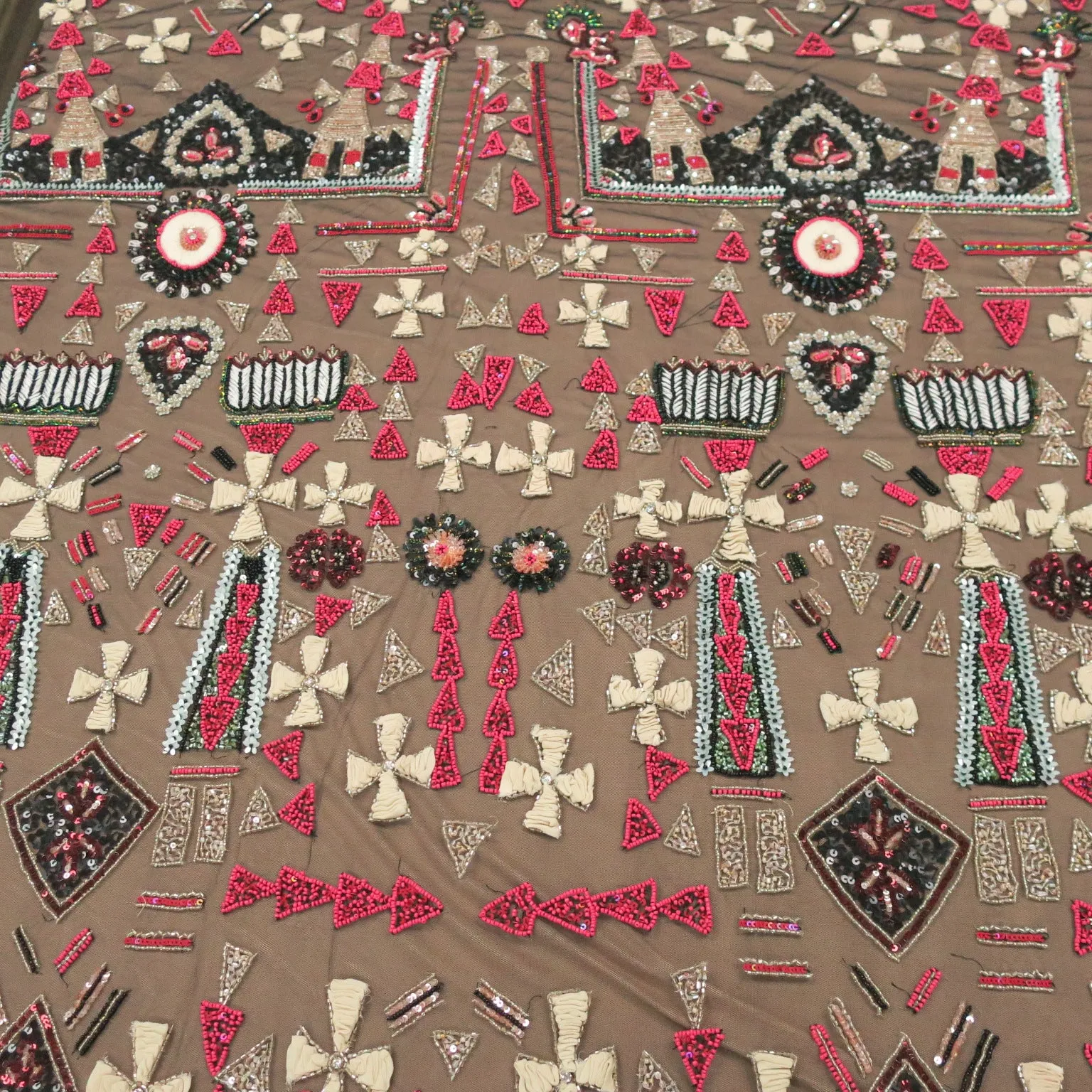 Black with Red Accents Abstract Embroidered Tulle Fabric