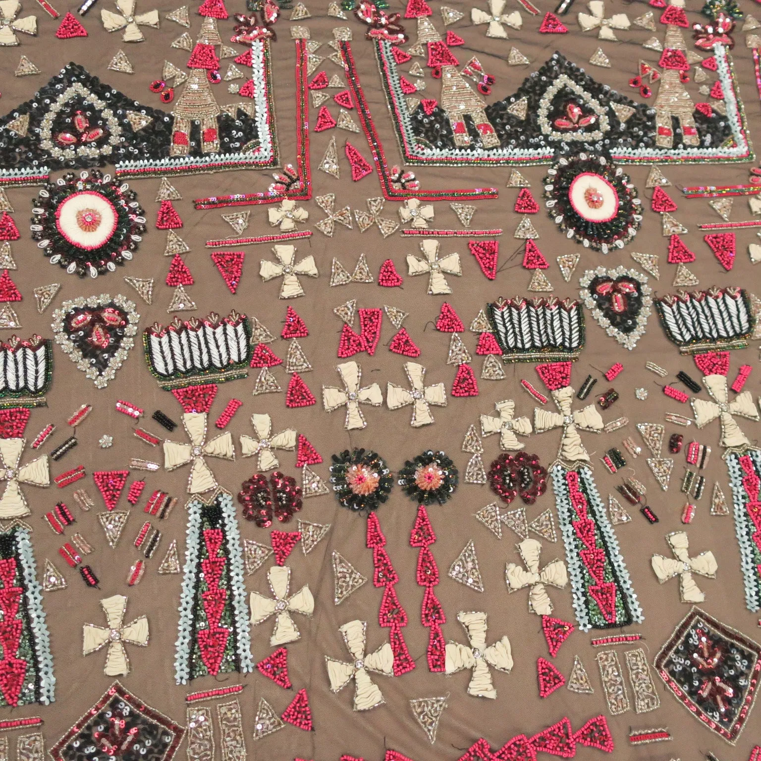 Black with Red Accents Abstract Embroidered Tulle Fabric