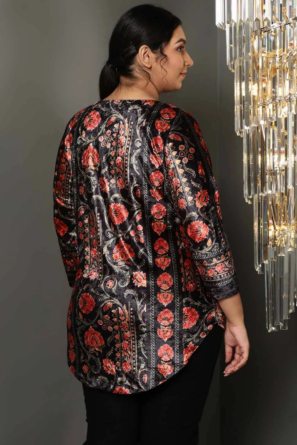 Block Floral V Neck Velvet Top
