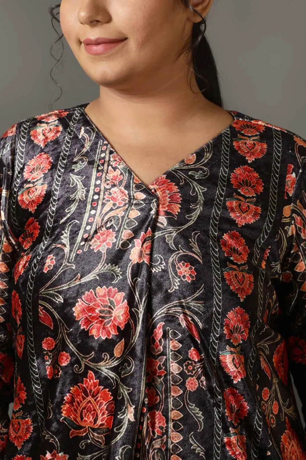 Block Floral V Neck Velvet Top