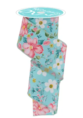 Blue Watercolor flowers wired ribbon 2.5”