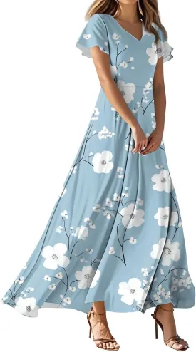 Boho Dresses for Women 2025 Elegant V Neck Short Sleeve Floral Graphic Maxi Dresses Summer Multi Styles Wedding Guest Dress