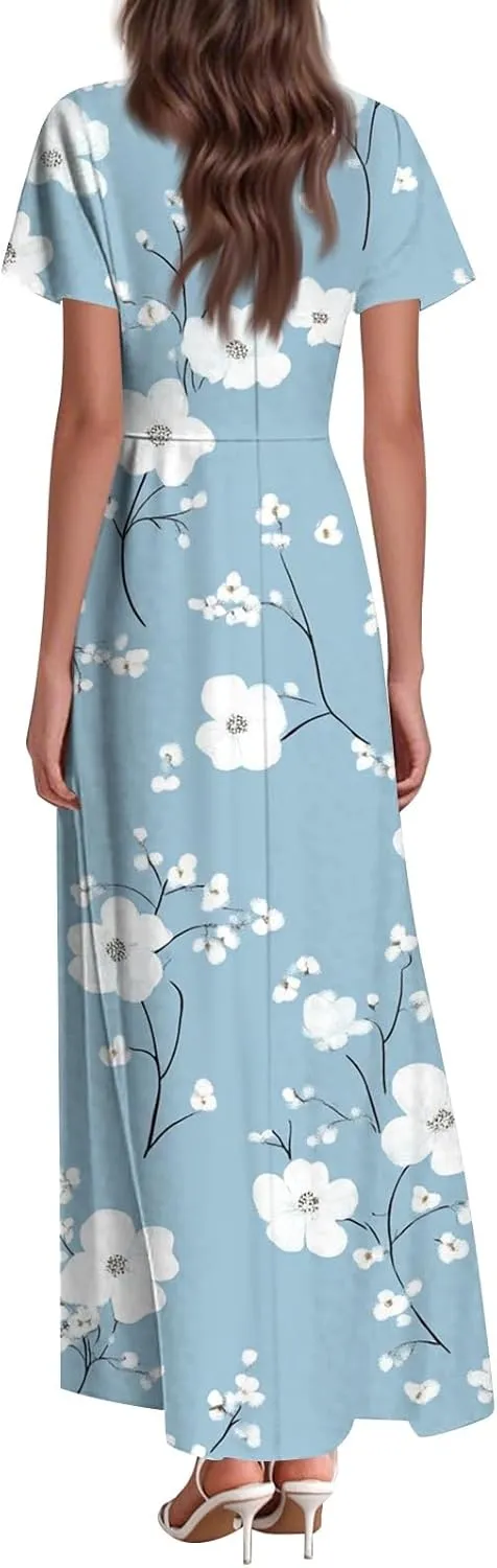 Boho Dresses for Women 2025 Elegant V Neck Short Sleeve Floral Graphic Maxi Dresses Summer Multi Styles Wedding Guest Dress
