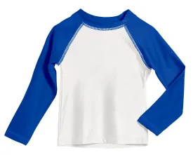 Boys UPF 50  Color Block Solid Long Sleeve Rashguard | White with Royal