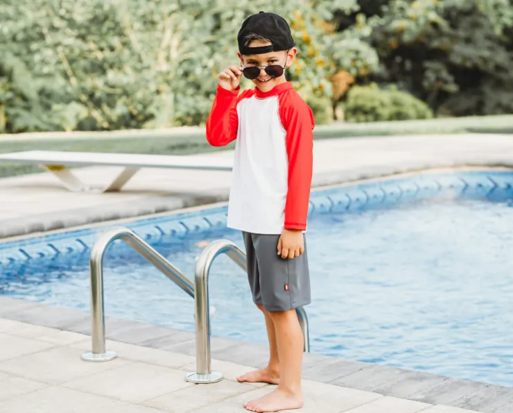 Boys UPF 50  Color Block Solid Long Sleeve Rashguard | White with Royal