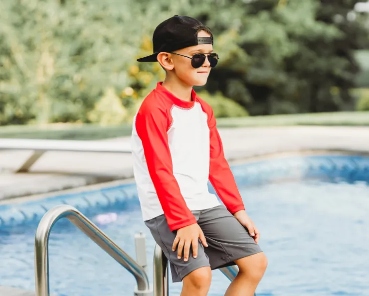 Boys UPF 50  Color Block Solid Long Sleeve Rashguard | White with Royal