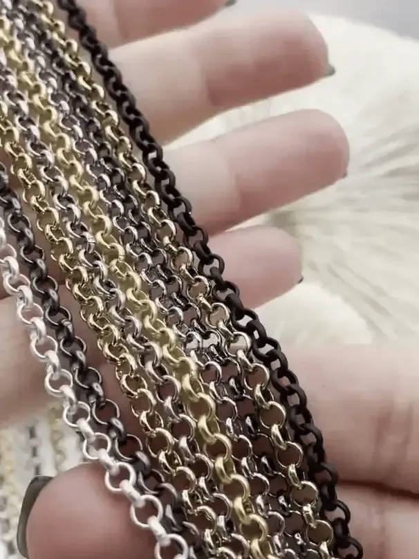 Brass Cable Rolo Chain Oval sold by the foot. 3.5mm x 1mm x .5mm. Small Size Rolo Chain Electroplated , 9 finishes available. Fast ship