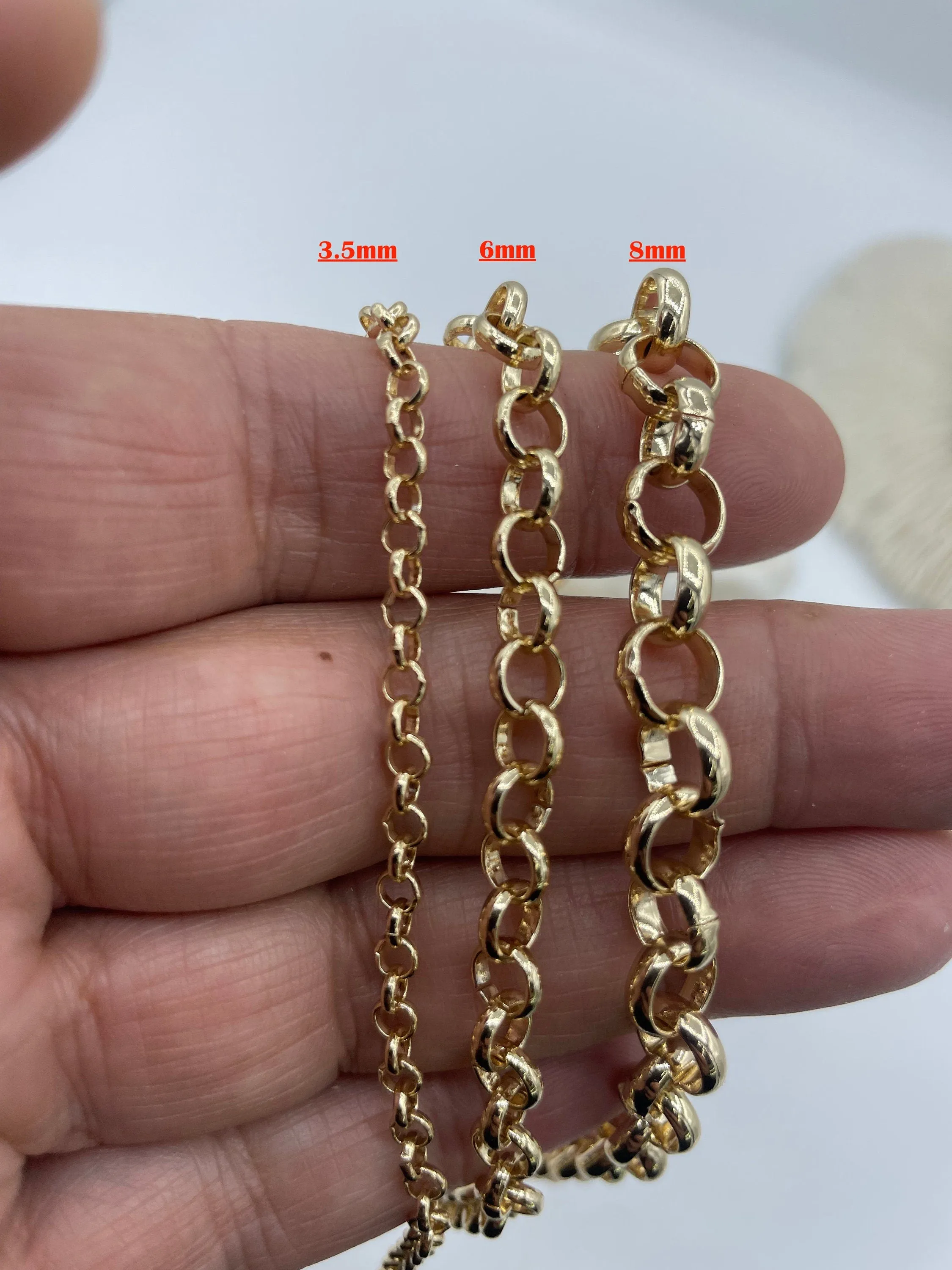 Brass Cable Rolo Chain Round sold by the foot. 8mm x 3mm x 1mm. Medium Size Rolo Chain Electroplated , 9 finishes available. Fast ship