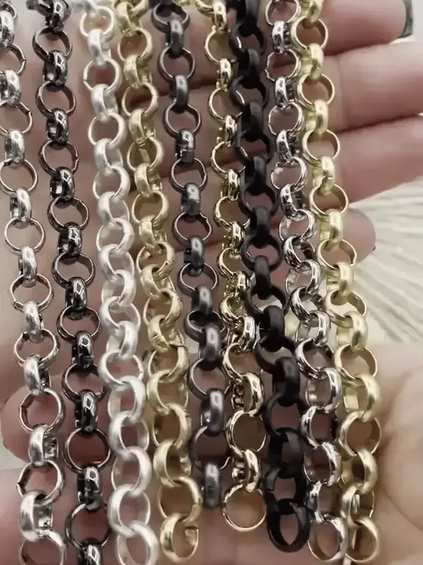 Brass Cable Rolo Chain Round sold by the foot. 8mm x 3mm x 1mm. Medium Size Rolo Chain Electroplated , 9 finishes available. Fast ship